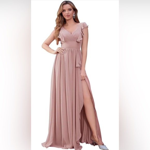 Evening  Chiffon Gown Ruffled Sleeves Sz M Brand New with Tags Dusty Rose Color - Picture 2 of 7